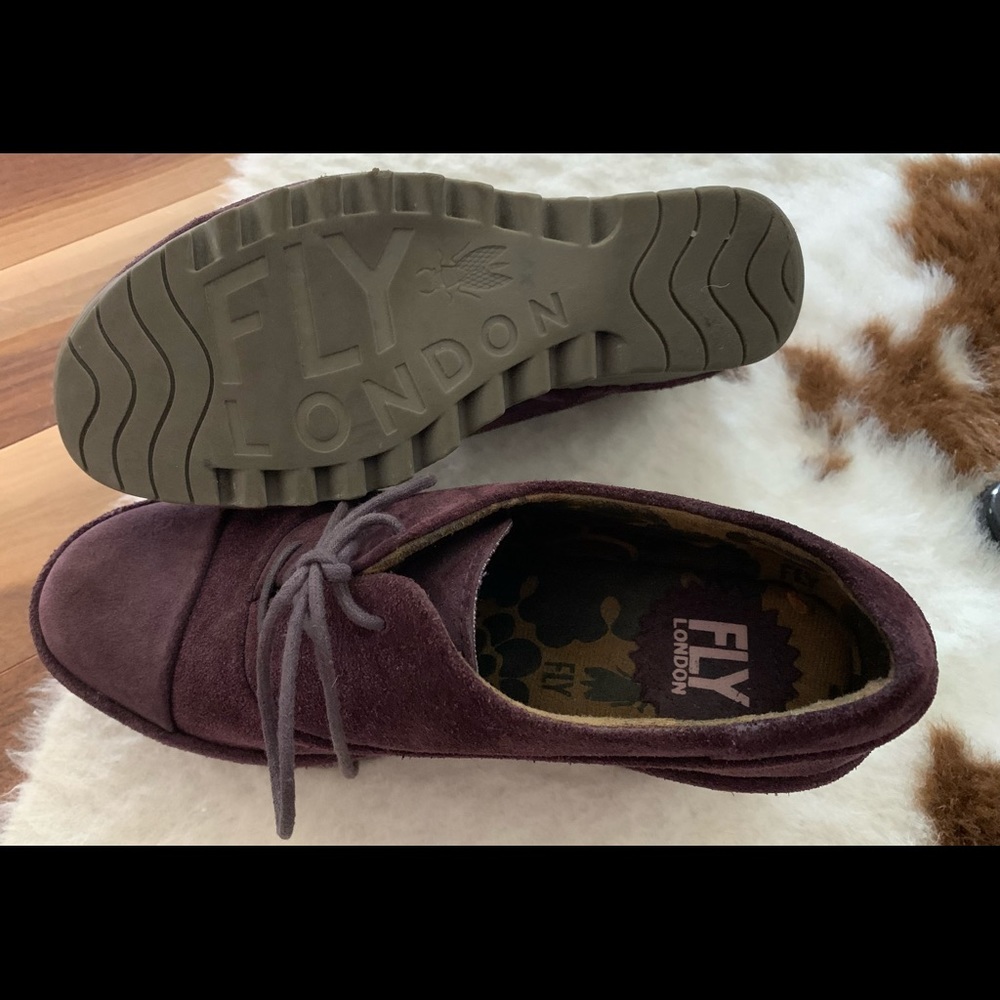 Fly London Purple Suede Wedge Oxfords with Green Platform - Picture 5 of 8
